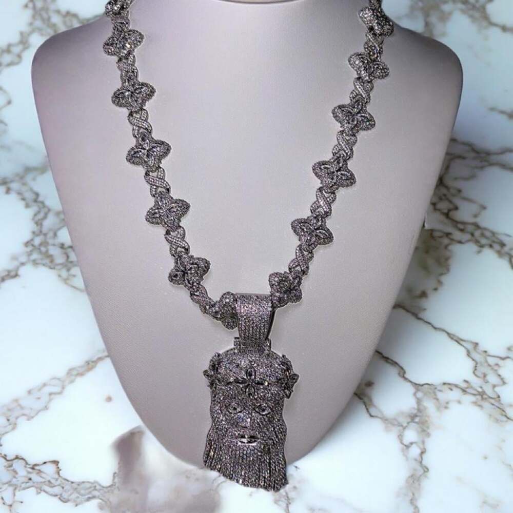 Silver Iced Jesus Clover Pendant Necklace – 20” Luxury Hip Hop Statement Chain